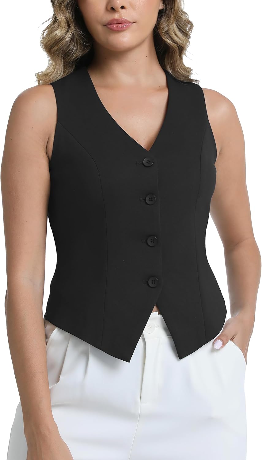 Women's Suit Vest V-Neck Button Vest Tops Sleeveless Fully Lined Slim Fit Casual Dressy Waistcoat - Image 6