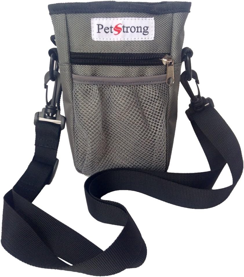 Petstrong Dog Treat Pouch - Comes with Adjustable Belt & Shoulder Strap Best for Walking & Training - Carrys Treats, Toys, Personal Valuables - with Poop Bag Dispenser, Grey