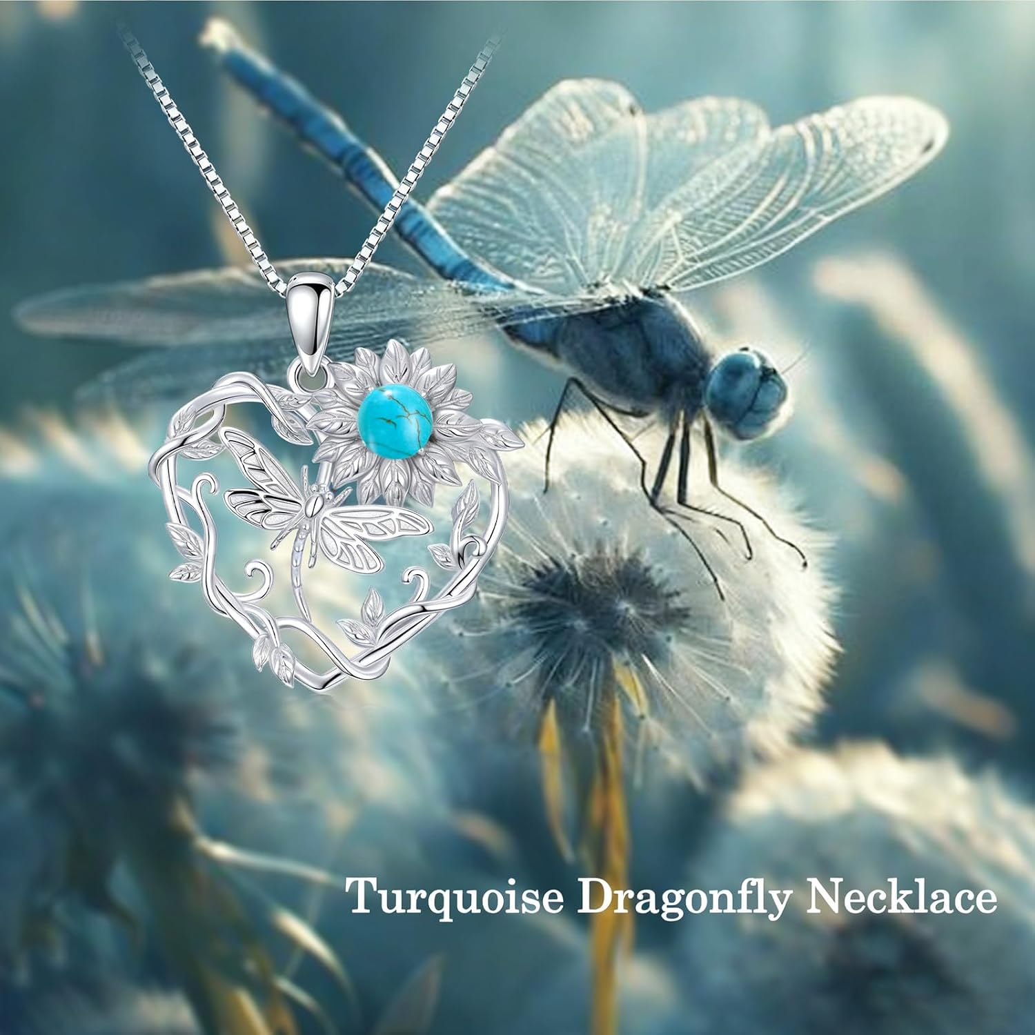 Turquoise Sunflower Dragonfly Heart Pendant Necklace, Boho Jewelry for Women Gift/Daily/Boho Outfits