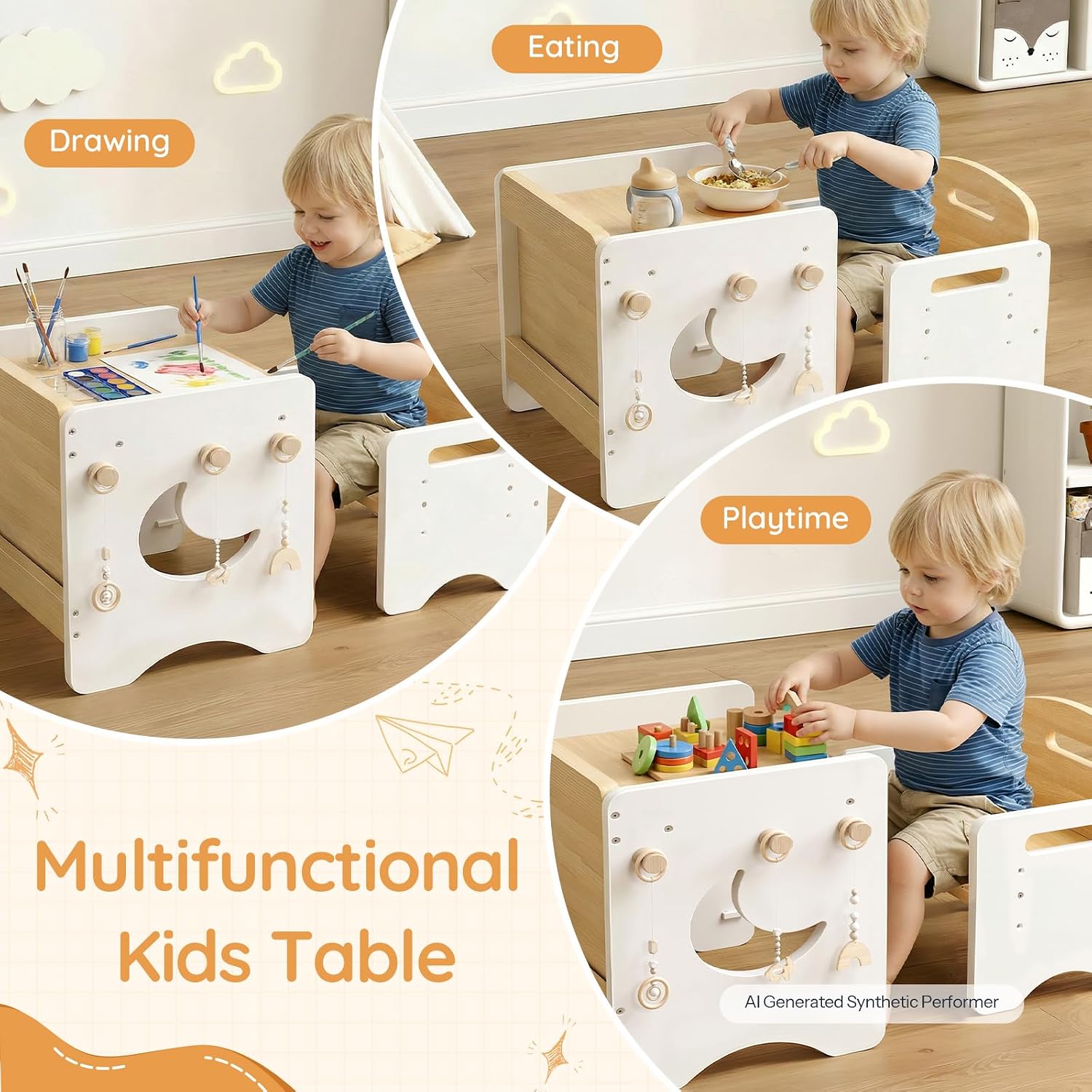 Child using the table for drawing, eating, and playing