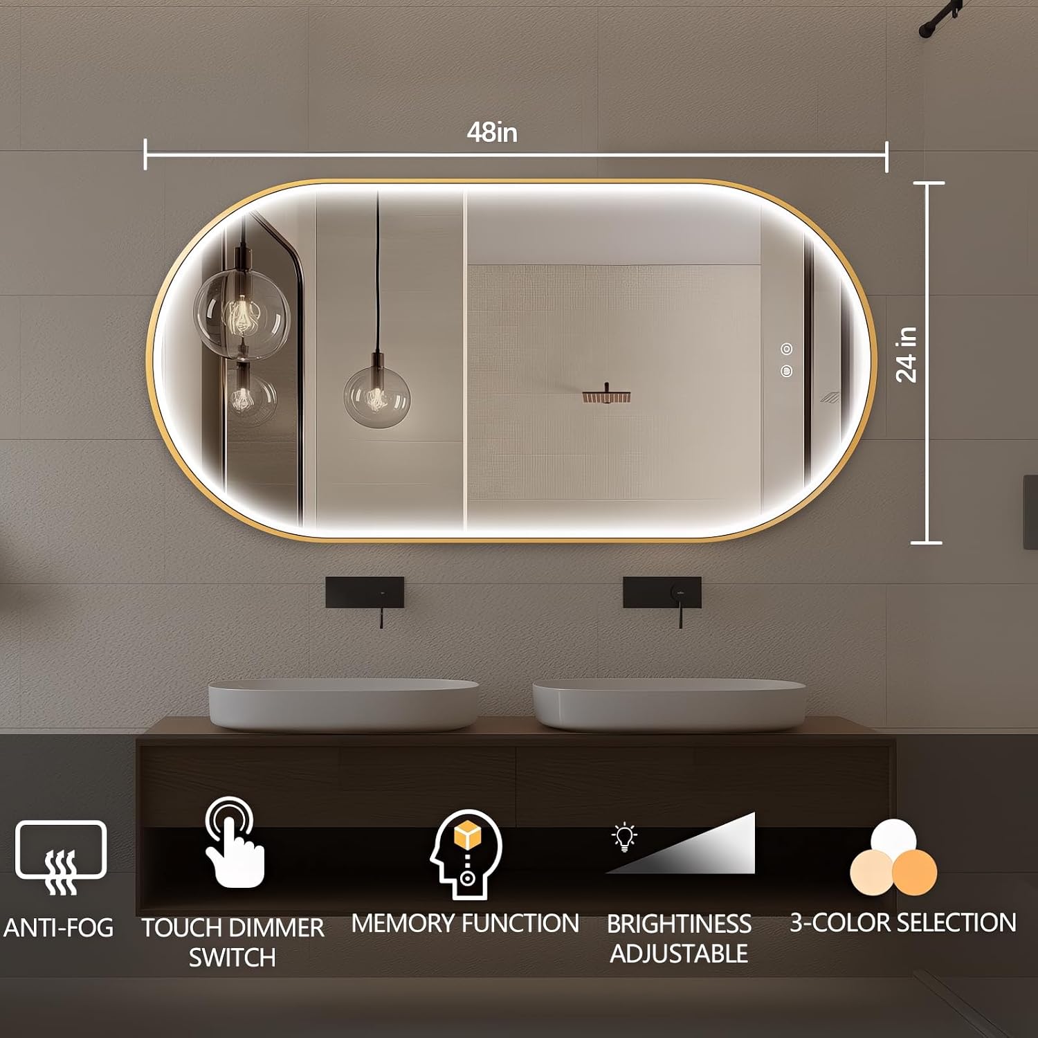 48"x24" Oval Led Mirror for Bathroom, Gold Metal Framed Lighted Vanity Mirror with Lights, Anti-Fog Light Up Mirror with 3 Colors Dimmable, Frontlit, Shatterproof, Horizontal/Vertical