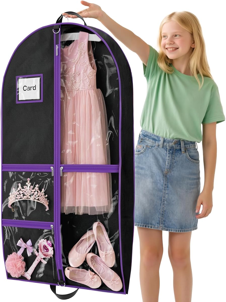 Dance Garment Bags with 3 Clear Zipper Pockets, Cheer Garment Bags for Cheerleading Uniform, 40" Garment Bags for Hanging Clothes, Suits, Travel & Sports Jersey, Cheer Uniform (Purple, 1Pack 40")