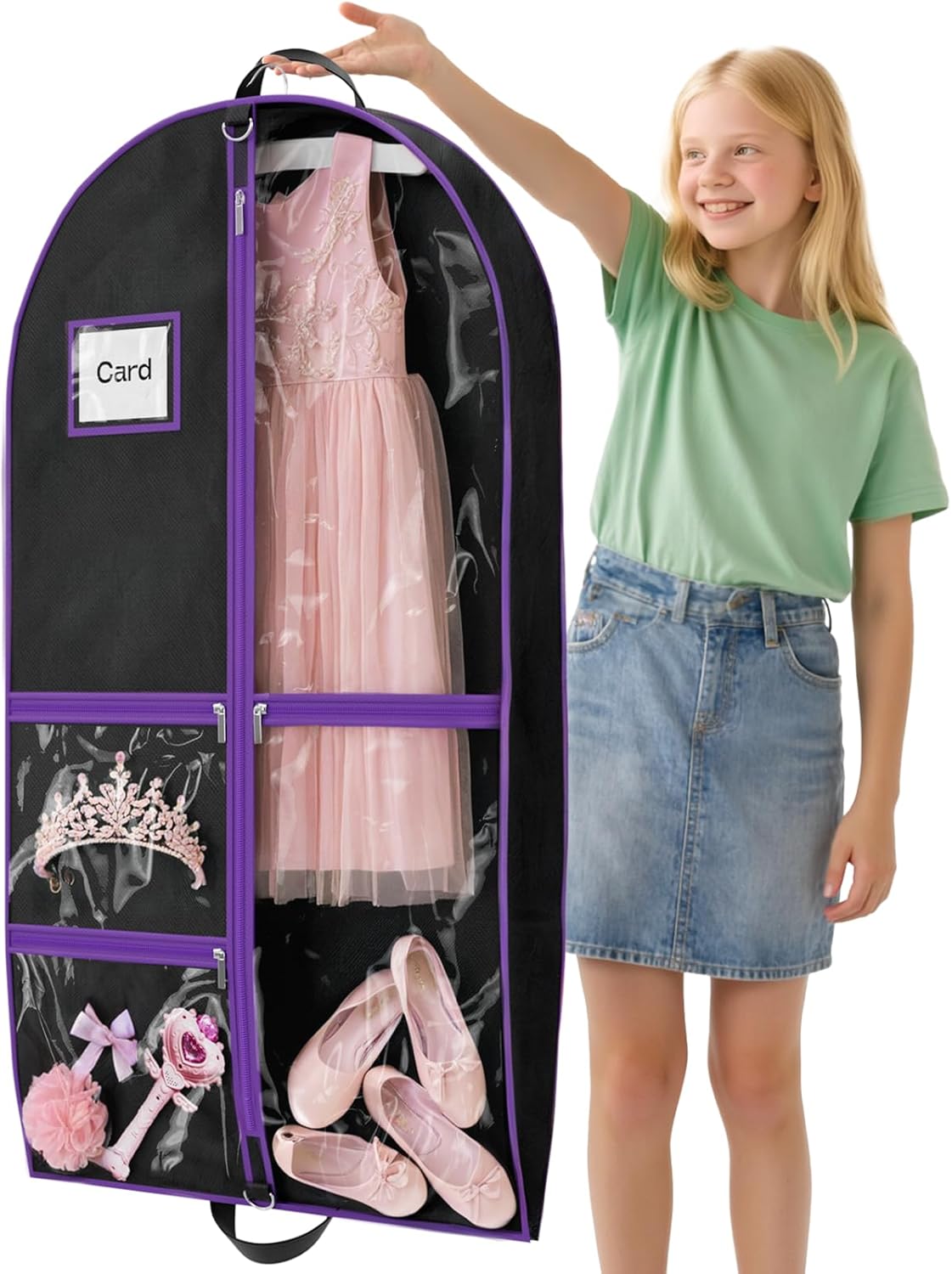 Dance Garment Bags for Dancers, 40" Garment Bags for Hanging Clothes with 3 Clear Zipper Pockets, Cheer Uniform Garment Bag for Suits, Travel & Sports Jersey, Cheer Uniform (Purple, 1Pack 40")