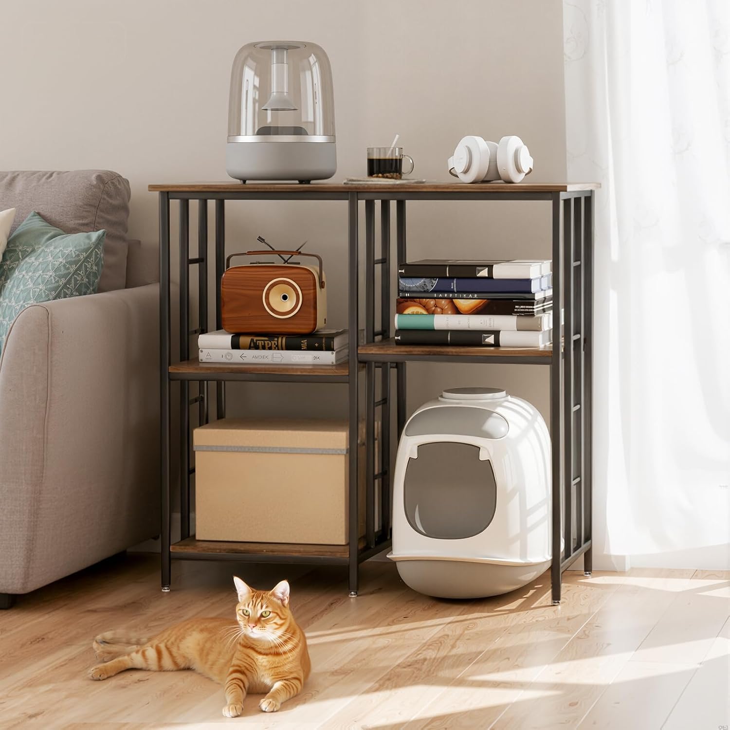 Kitchen Microwave Stand,4-Tier Adjustable Bakers Rack,Heavy Duty Microwave Cart with Storage, Small Coffee Bar Table with Mini Fridge Space for Living Room,Office,Rustic Brown Black