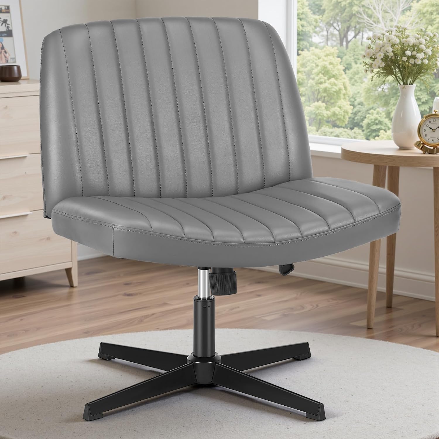 OLIXIS Criss Cross Chair,Comfy Cross Legged Office Desk Chair No Wheels,Modern PU Leather Swivel Adjustable Height Mid Back Wide Seat for Home Office Computer Makeup Vanity Task(Gray)