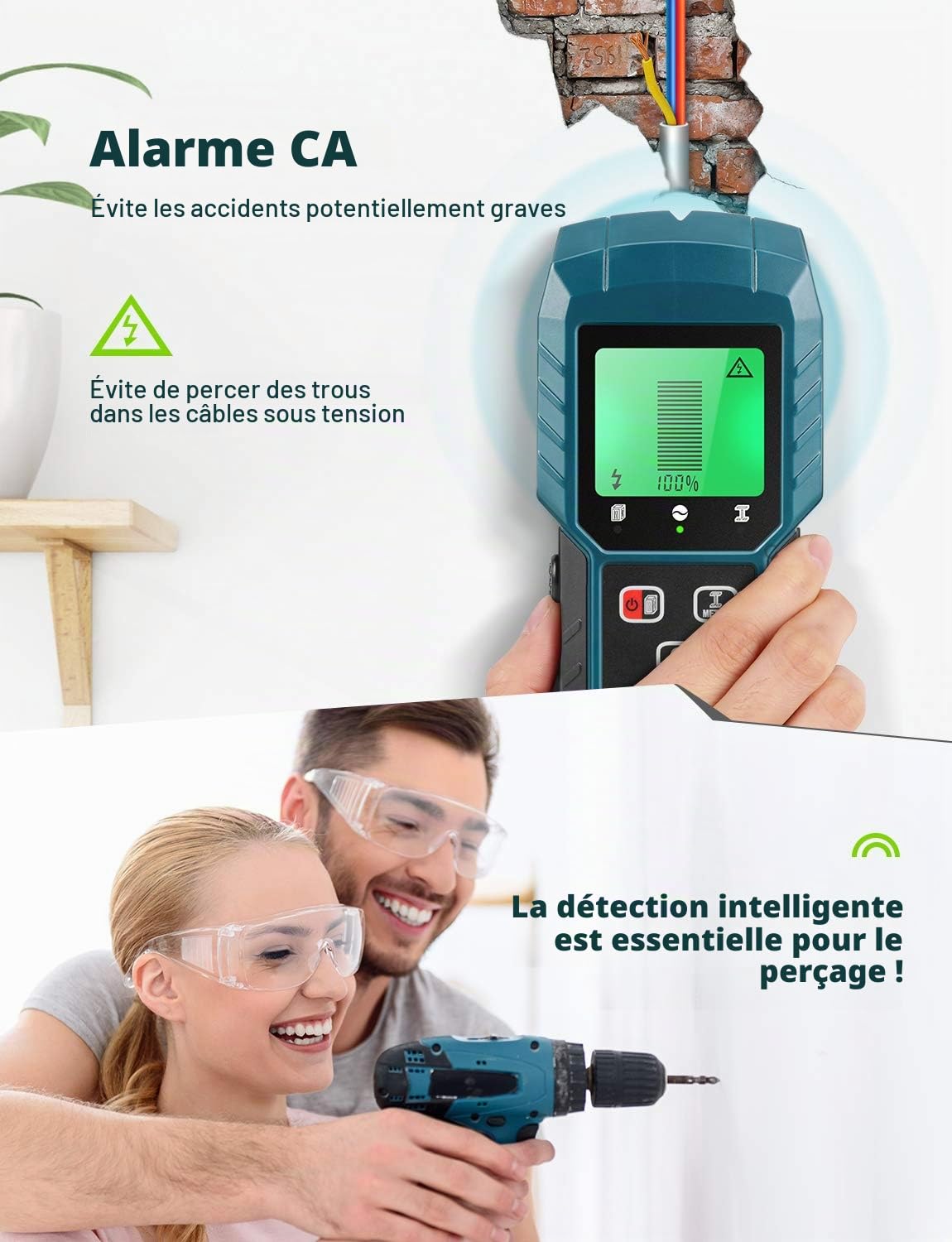 5 en 1 Détecteur numérique en métal et câbles électriques Stud Finder avec LCD et indicateur acoustique portable multifonctions, détection de bois/métal magnétique ou non magnétique/AC