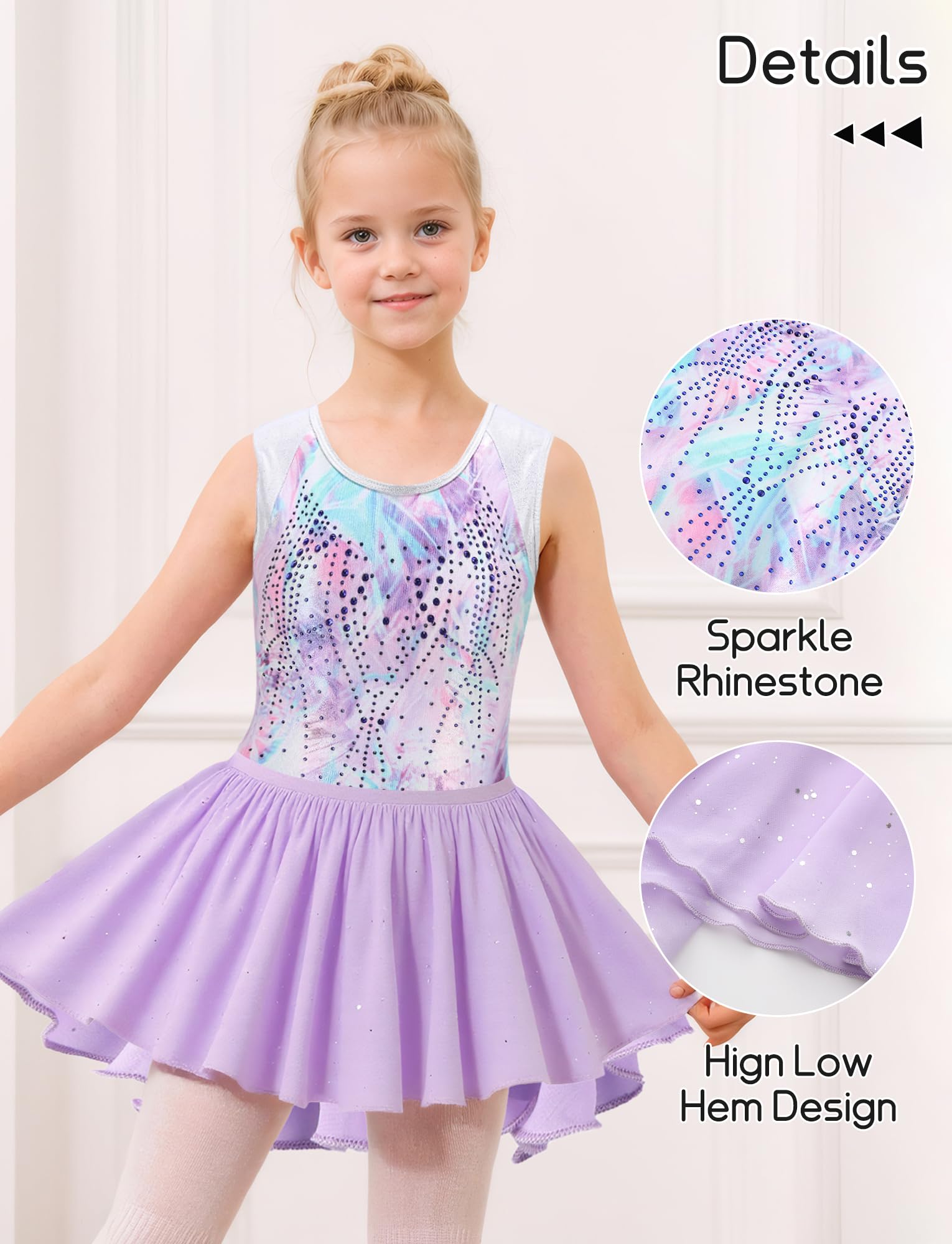 SEAUR Ragazza Body Ginnastica Senza Maniche Ginnastica Set Ginnastica con Gonna e Fascia Multicolore Glitter 5-12 anni