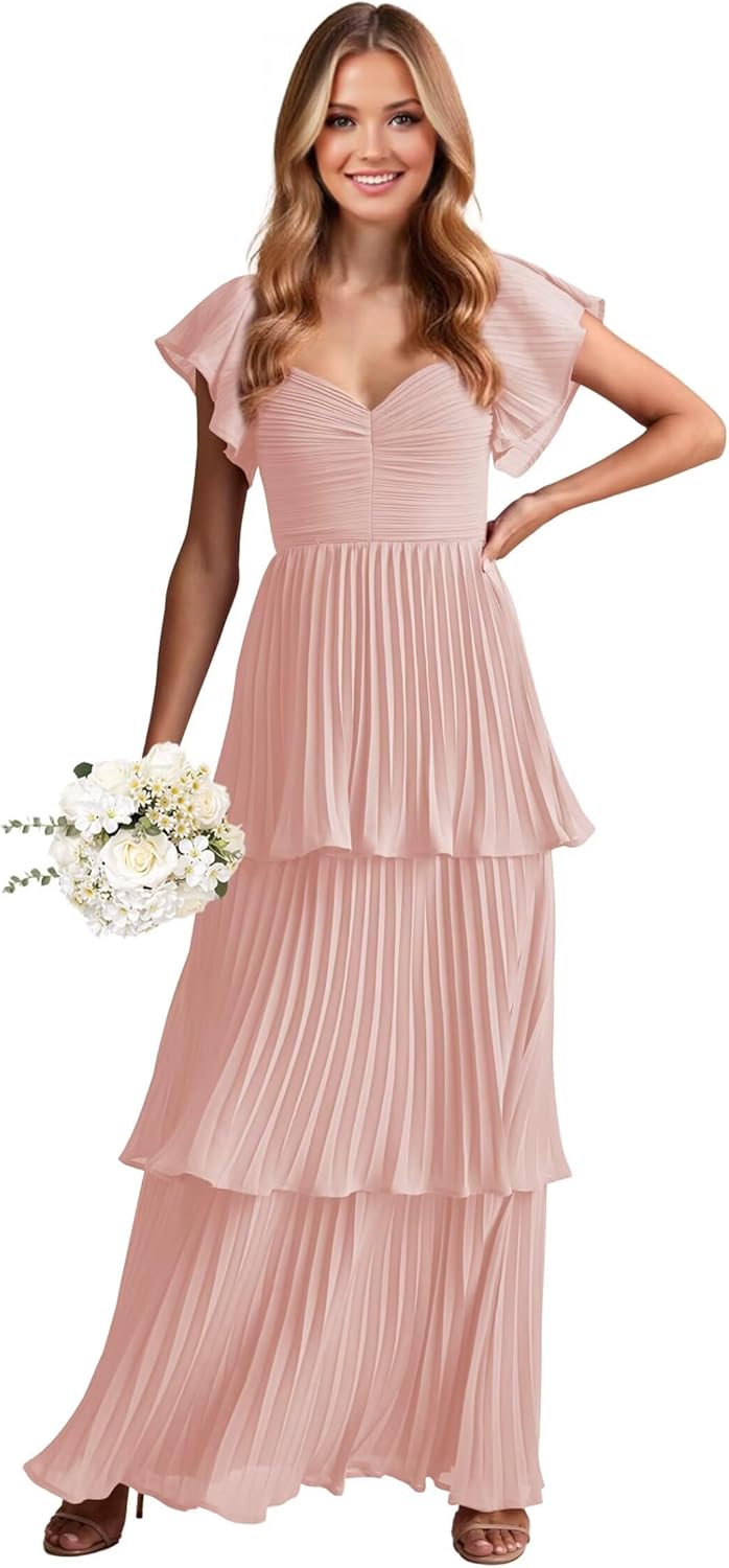 Tiered Ruffles Pl Size Bridesmaid Dresses with Pocket for Women 2026 Long Dty Rose Chiffon Prom Dresses for Teens A Line Pleated Short Sleeve Backless Formal Evening Gown Size 16W