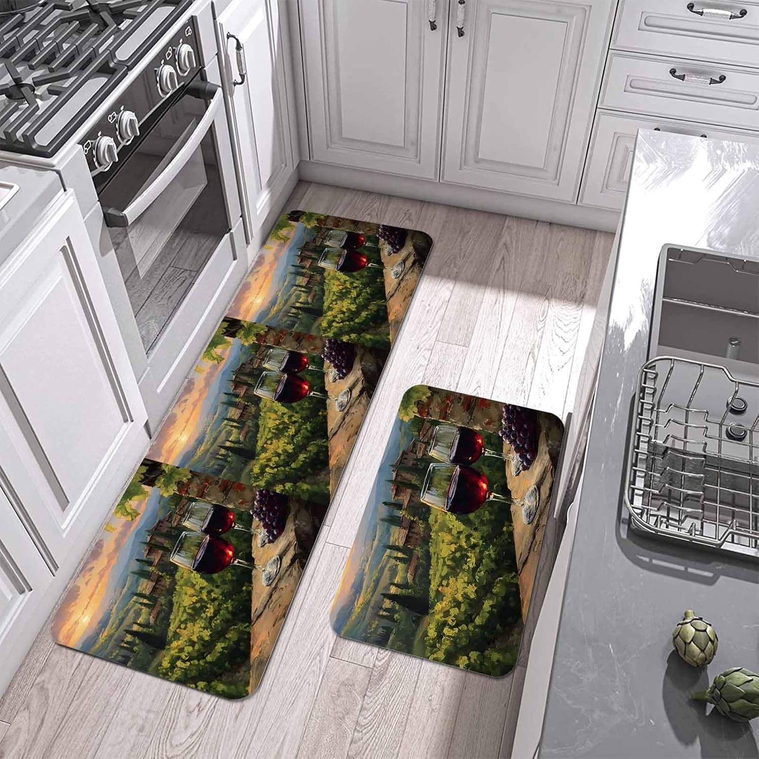 Grapes Wine Glass Kitchen Mat Set 2 Pieces Summer Sunset Countryside Scene Oil Painting Non Slip Kitchen Rugs Washable Runner Rug Mats for Floor Sink Laundry Office 15.7" x 23.6"+15.7" x 47.2"