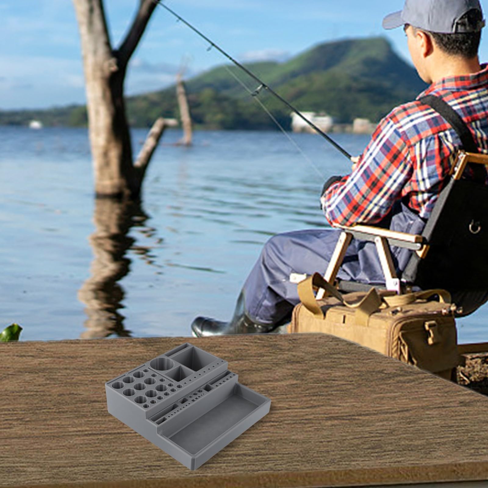 Plastic Fly Tying Tool Organizer Storage Rack Fishing Accessory Holder Multi-Compartment Design Gray 7.1x7.1x2.1inch