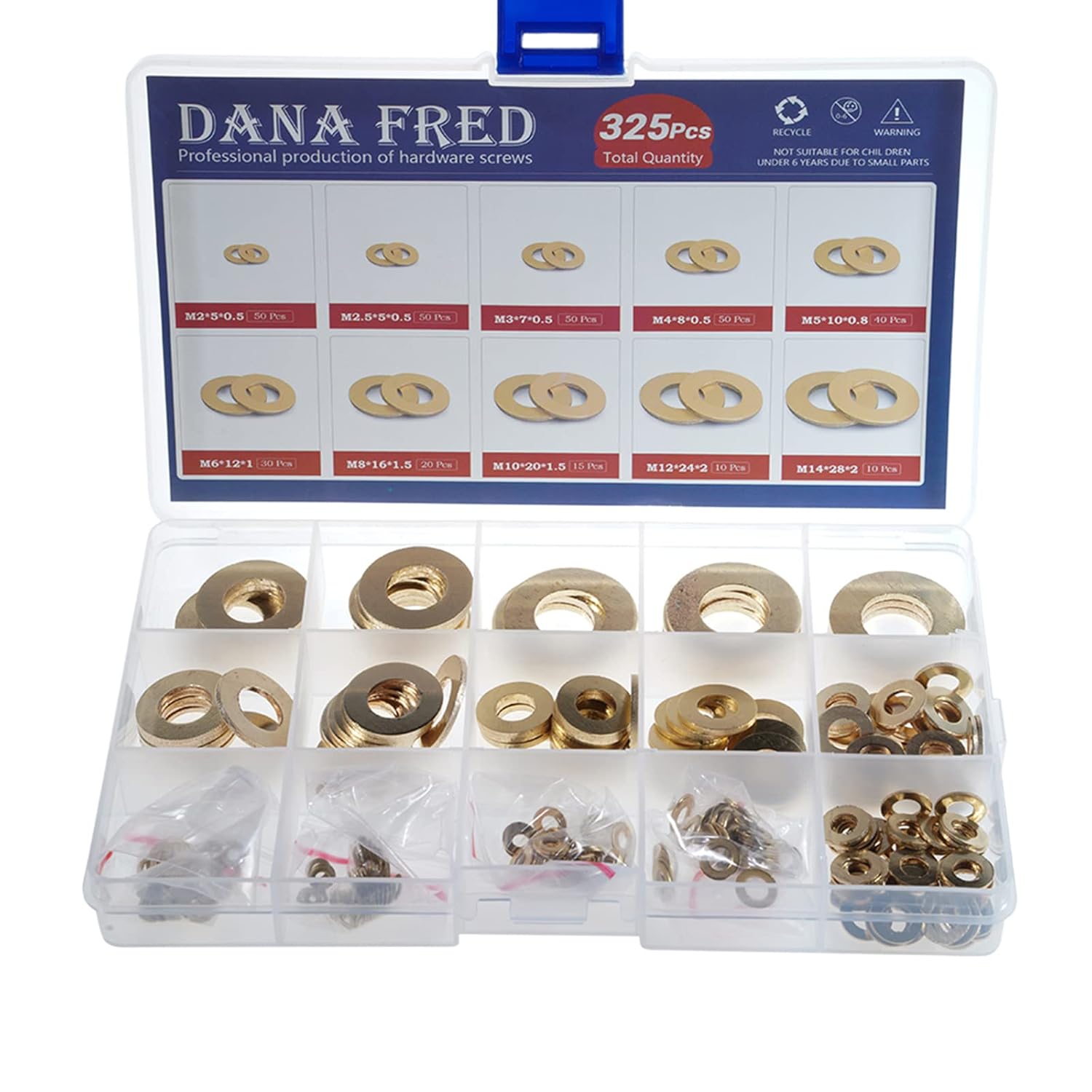 Brass Flat Round Washer Countersunk Metric Plain Gasket Metal for Screw Standard Hardware Tool Fastener M2 M2.5 M3 M4 M5 M6 M8 M10 M12 M14 Assortment Kit Assorted 325pcs