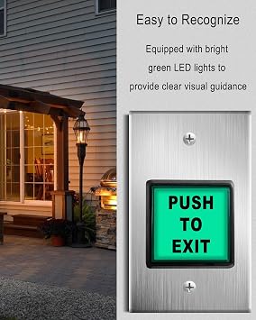 Push to Exit Button with Green LED Light, Indoor Green Square Request to Exit Button Release for Door Access Control, Stainless Steel Metal Panel Exit Access Control Switch