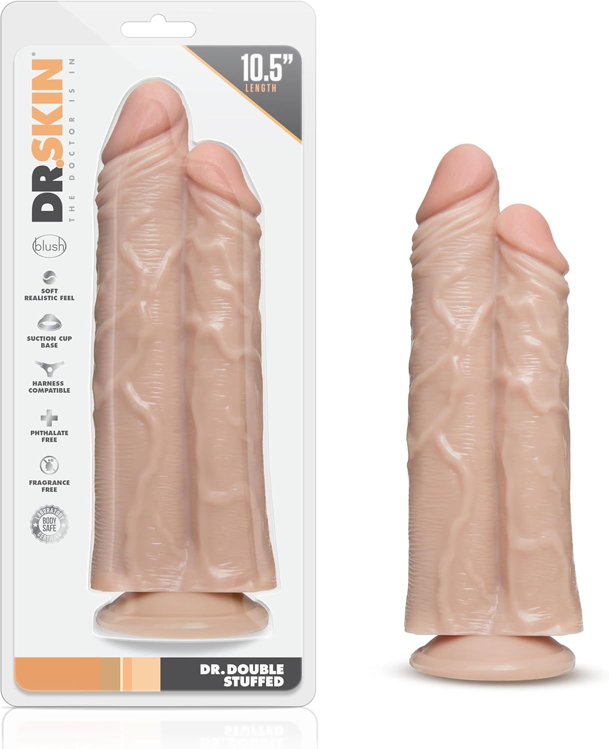 Blush Dr. Skin 10.5" Double Trouble Realistic Dildo ~ 3.25" Wide Dual Veiny Shafts ~ Suction Cup Strap-On Compatible ~ Women Men Couples Fantasy Play Adult Sex Toy ~ Lifelike Flexible Cock ~ Vanilla