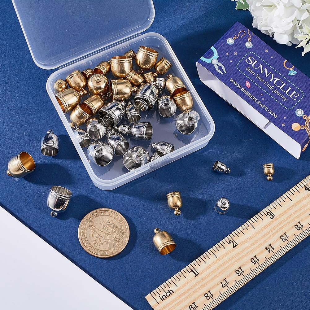 SUNNYCLUE 1 Box 48Pcs 8 Styles Barrel End Caps Metal Cord Ends Tassel Caps Gold Silver Leather Cord End Caps Brass Leather Ends Caps Glue in Barrel End Caps for Jewelry Making DIY Bracelet Necklace