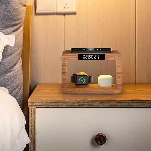 Miniatura 6 de Estación de carga inalámbrica de bambú, luz nocturna con despertador digital, estación de carga de mesita de noche para dispositivos Apple, cargador