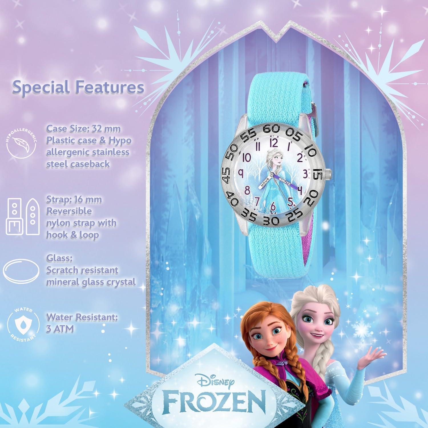 Disney Frozen 2-Pack Watch Set for Kids Ages 4–7 – Featuring Elsa and Anna Dial Designs – Silver Bezels with Purple Glitter and Blue Nylon Straps – Gift for Girls – GET 2 Mystery Bonus Watches - Image 7