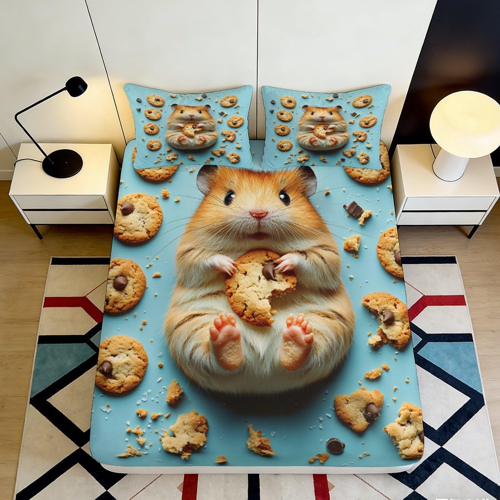 3D Printed Cookie Hamster Fitted Sheet Microfiber Soft Blue Cartoon Bed Cover for Bedroom Dorm Mattress Decor 90x200x25cm