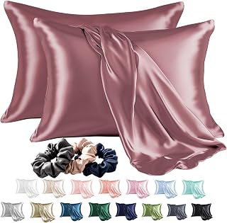 SKVM Satin Silk Pillow Covers Set of 2 for Hair and Skin scrunchies Set for Women 3-Pieces Pillowcase Soft Breathable Smooth Sleeping Envelope Closure Cover Bed Anti Frizz 18"X 28" (2, Rose Taupe)
