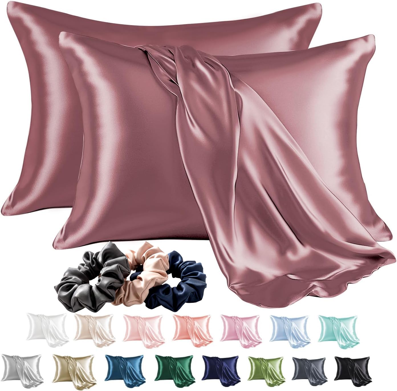 SKVM Satin Silk Pillow Covers Set of 2 for Hair and Skin scrunchies Set for Women 3-Pieces Pillowcase Soft Breathable Smooth Sleeping Envelope Closure Cover Bed Anti Frizz 18"X 28" (2, Rose Taupe)-image-41