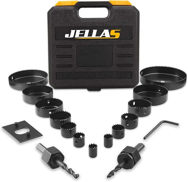 Hole Saw Kit, JELLAS 19Pcs 19mm-127mm Hole Cutter Set(Include 25 and 38mm) in Hard Box, 2 Mandrels, 1 Installation Plate, 1 Hex Key, Durable and Cut Precise Holes for Soft Wood, PVC Board and Plastic