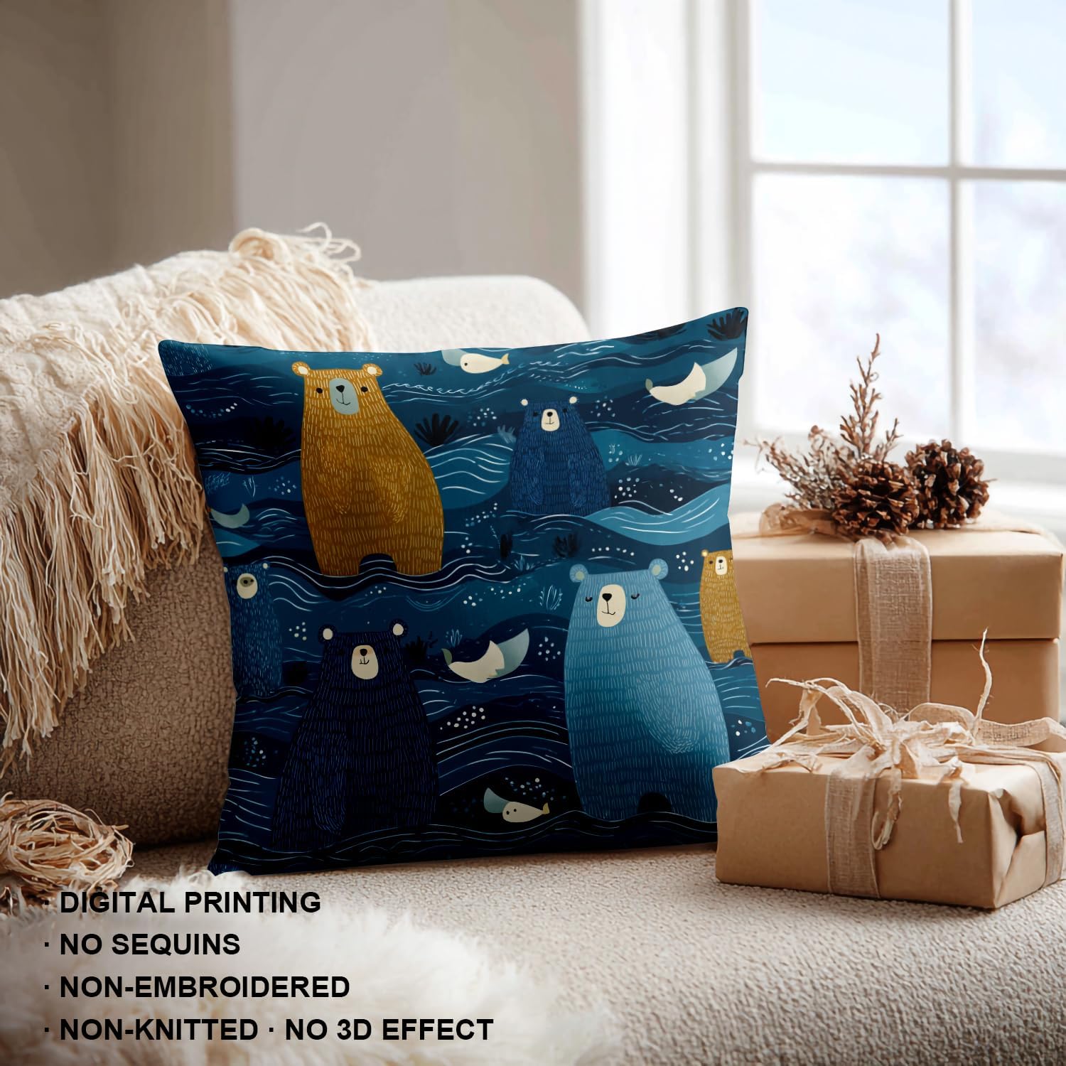 Shrahala Cute The Bear in Ocean Blue Throw Pillow Cover, Bears in Blue Ocean Colorful Fish Square Pillowcase Blended Double-Sided No Inserts for Bedroom Living Room Set of 2 (20 x 20 in)