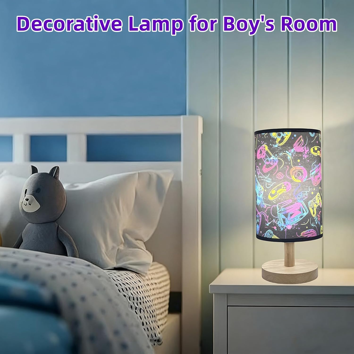 Video Game Table Lamp,Kids Bedside Lamp for Bedroom 3 Colors Gaming Enthusiast Nightstand Night Light Room Decorative Lights with Cartoon Flaxen Fabric Shade Desk Lamp for Girls Boys Gift Home Decor