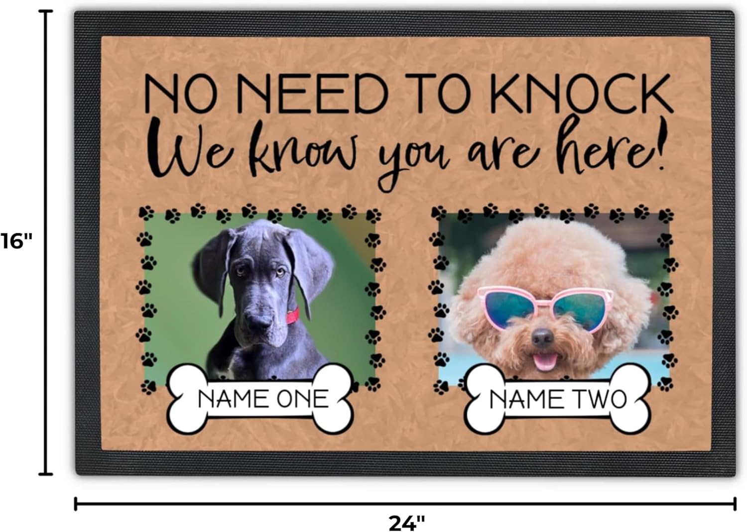 Personalized Dog Door Mat with Photo and Name - Customized Welcome Mat - Floor Mats - Front Door Mat - No Need to Knock Dog Doormat - for 2 Dogs (24" x 16")