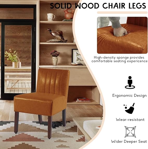 Gaussen Armless Accent Chairs Set of 2 Upholstered Bedroom Chairs Living Room Chairs with Solid Wood Legs Bedroom Chair Leather Reading Chair Comfy Chair for Bedroom Vanity Kitchen (Brown)