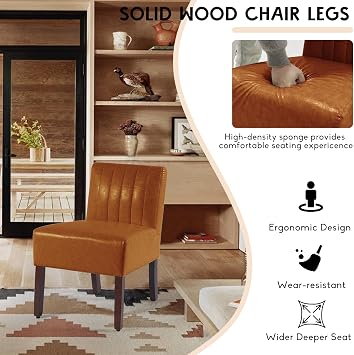 Gaussen Armless Accent Chairs Set of 2 Upholstered Bedroom Chairs Living Room Chairs with Solid Wood Legs Bedroom Chair Leather Reading Chair Comfy Chair for Bedroom Vanity Kitchen (Brown)