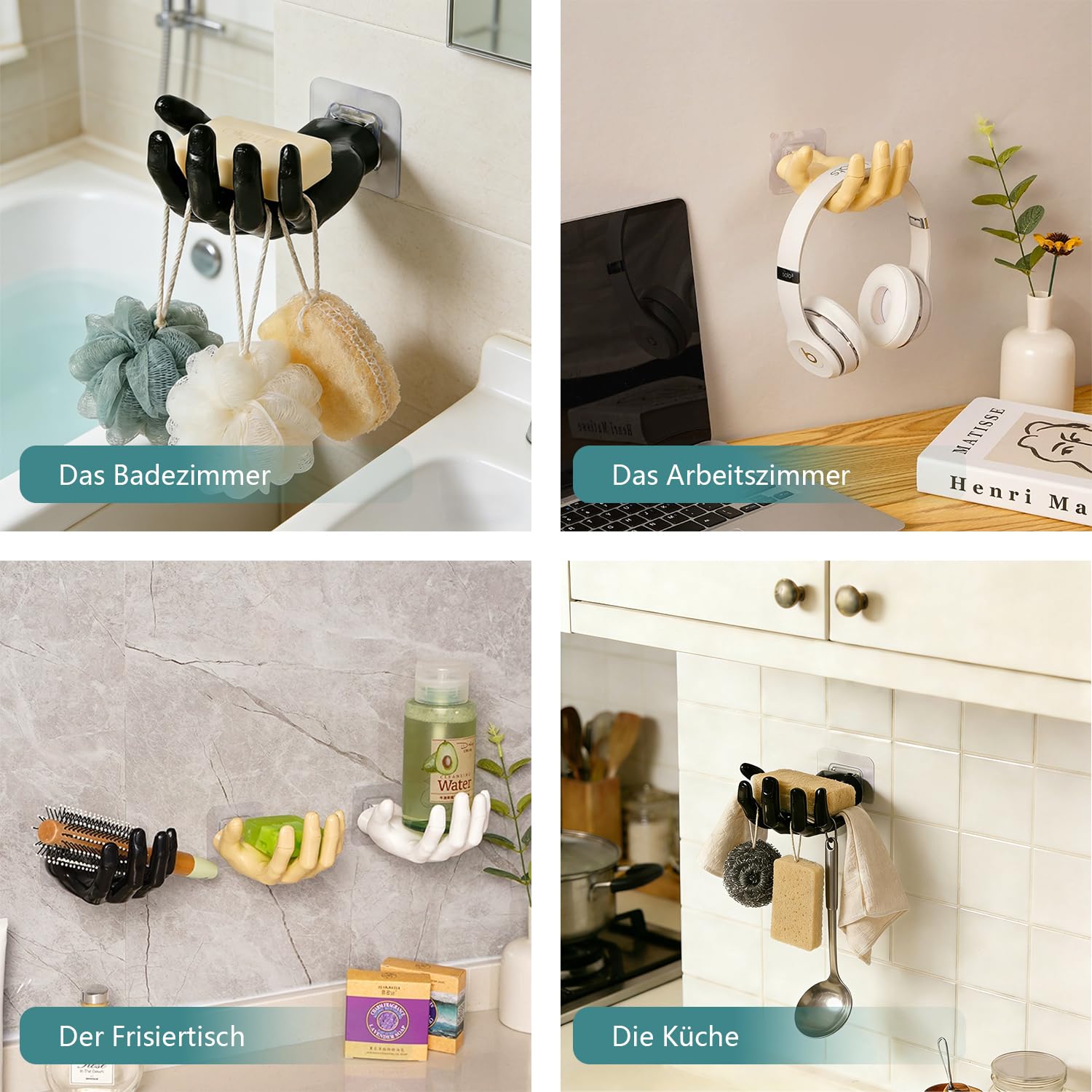 Handförmige Seifenschale selbstklebend ohne Bohren – 5 Haken. Wandmontage, Kunststoff, schimmelresistent (Mold), seifenhalter mit Ablaufrinne. seifenschale dusche, Badezimmer seifenhalter(schwarz) - 4