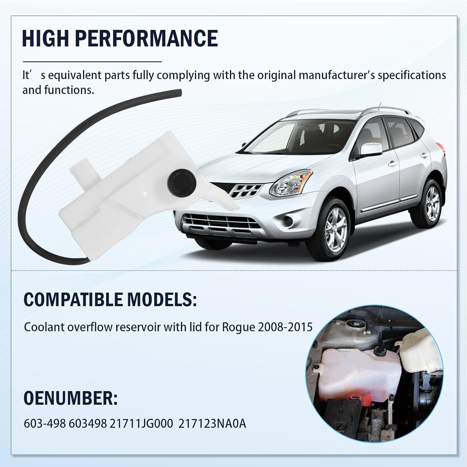 Coolant Overflow Reservoir Tank with Cap Compatible with Nissan Rogue 2008-2013 2.5L, Rogue Select 2014-2015 2.5L, 21711JG000