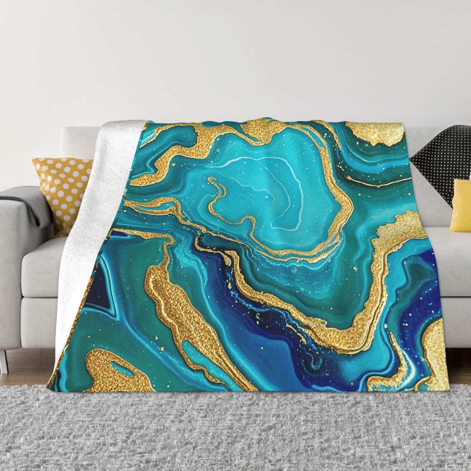 Couverture flanelle canapé bleu turquoise or grand plaid toutes saisons camping