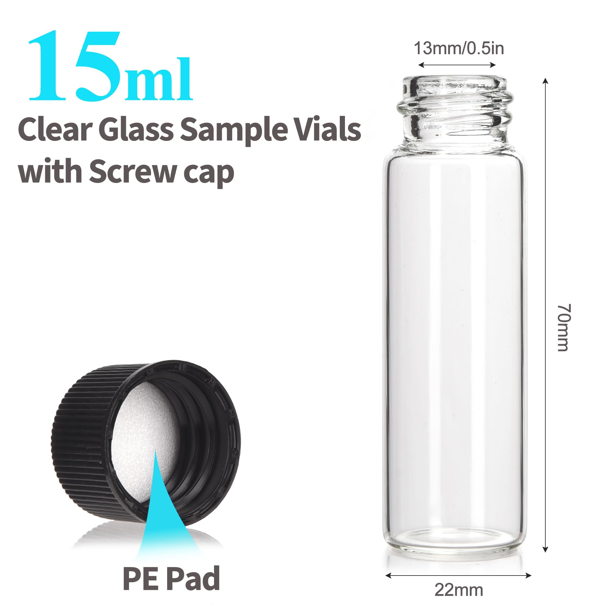 BIGLEE 100 viales de vidrio pequeños transparentes con tapas de rosca (15 ml)