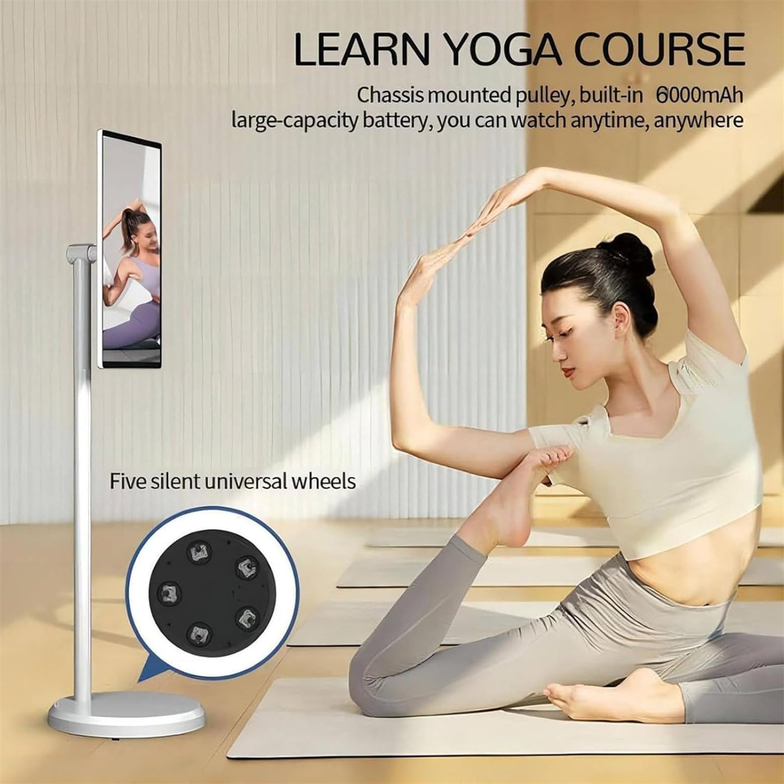 TV portatile Rolling TV, touch screen wireless 1080p, supporto girevole a 360°, altezza regolabile, 8 G RAM, 128 G, 61 cm, per uso domestico e ufficio