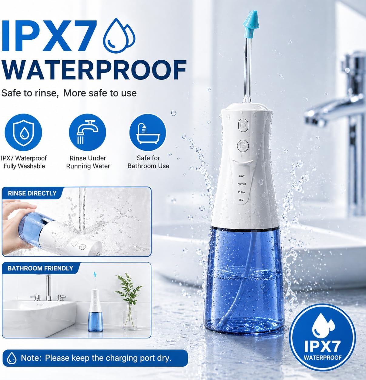 Electric Nasal Irrigator, 300ml Cordless Sinus Rinse Machine, IPX7 Waterproof, 3 Tips, for Adults and Kids