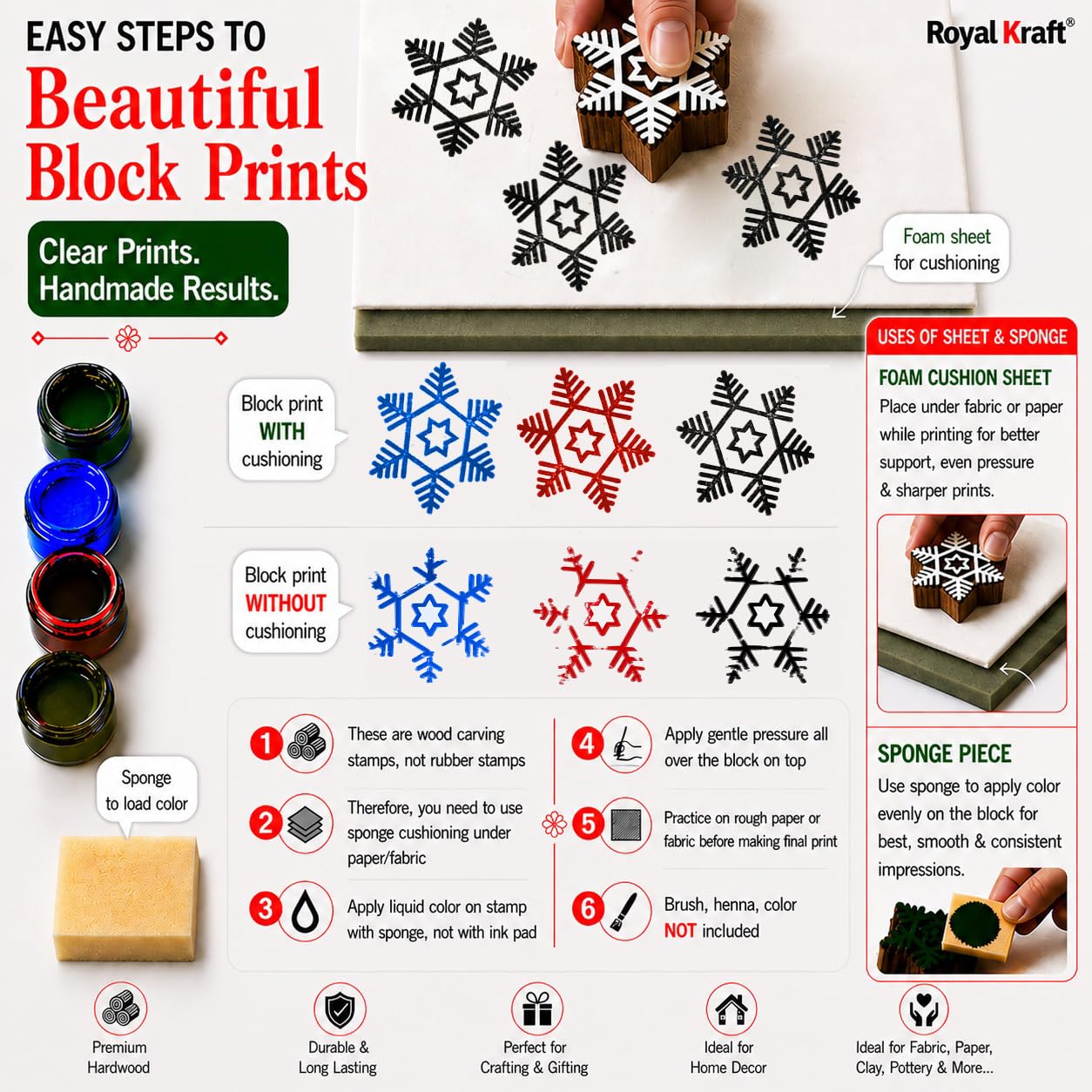 Royal Kraft Wooden Stamps for Block Printing on Saree Border, Textile, Clay, Pottery, Tattoo (Set of 10) MXtag0008 4