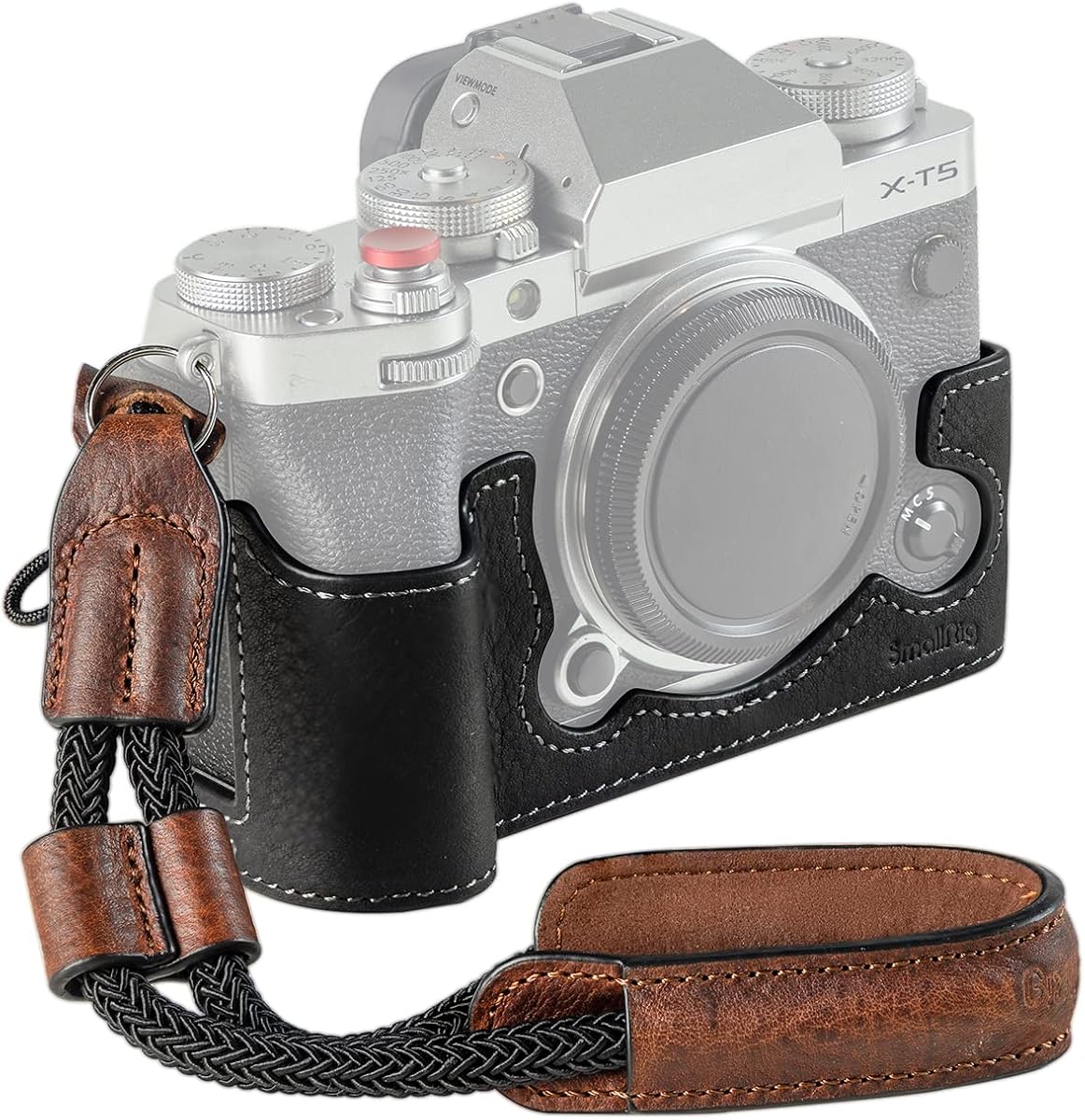 Medio estuche para Fujifilm X-T5 con correa para muñeca y botón obturador | Funda de cuero estilo retro para cámara con placa base de aluminio, funda para cámara X-T5 para FUJIFILM X-T5-3927