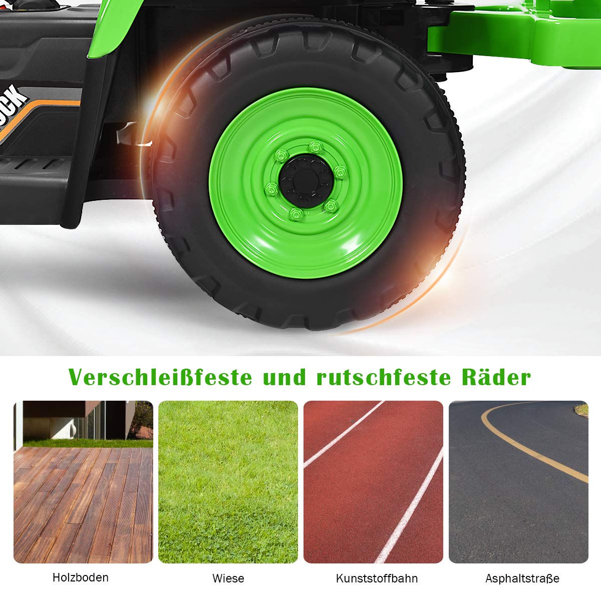 COSTWAY 12V 3-Gang Traktor mit abnehmbarem Anhänger und 2,4G Fernbedienung, Kinder Aufsitztraktor mit LED Lichtern, Musik, Hupe & USB Funktionen, geeignet für Kinder ab 3 Jahren (Grün)
