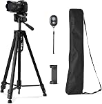 Amazon Basics 50" (127 cm) Lightweight Tripod for Camera and Phone with Travel Bag, Remote Control and Phone Holder, Height Adjustable, Aluminum, Silver