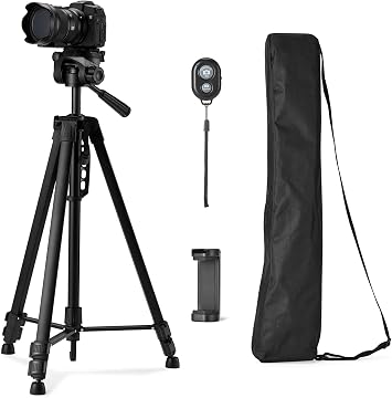 Amazon Basics Smartphone Tripod, Camera Tripod, Smartphone Stand, Height Adjustable, 22.0 - 60.0 inches 55.9 - 152.4 cm, Aluminum Alloy, 360 Degree Rotation, Remote Control, Storage Bag Included, Black