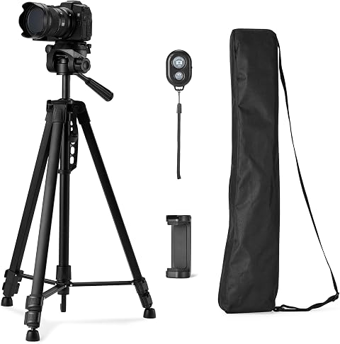 Amazon Basics Trépied 152,0cm pour Téléphone et Appareil Photo Reflex Numérique, Léger, avec Sac, Télécommande sans Fil et Support pour Téléphone, Hauteur Réglable, Noir