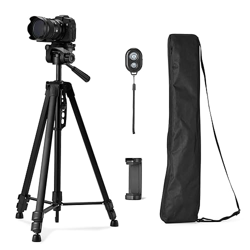 Amazon Basics 60" Lightweight Tripod for Camera and Phone with Travel Bag, Remote Control and Phone Holder, Height Adjustable, Aluminum, Black - 60-in - Tripod with Remote & Phone Holder