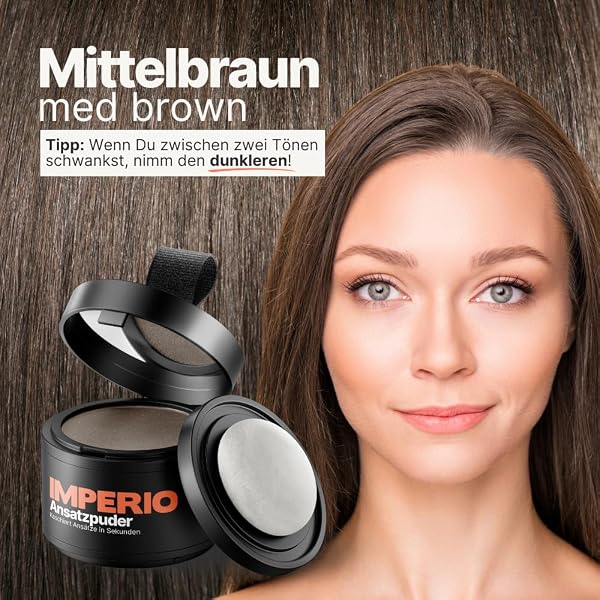 IMPERIO Ansatzpuder - Haar Concealer zur Haarverdichtung für Frauen und Männer, wasserfestes Haar Make-up zum Ansatz kaschieren - 4g (Mittelbraun) Pulver Natürlich - 3