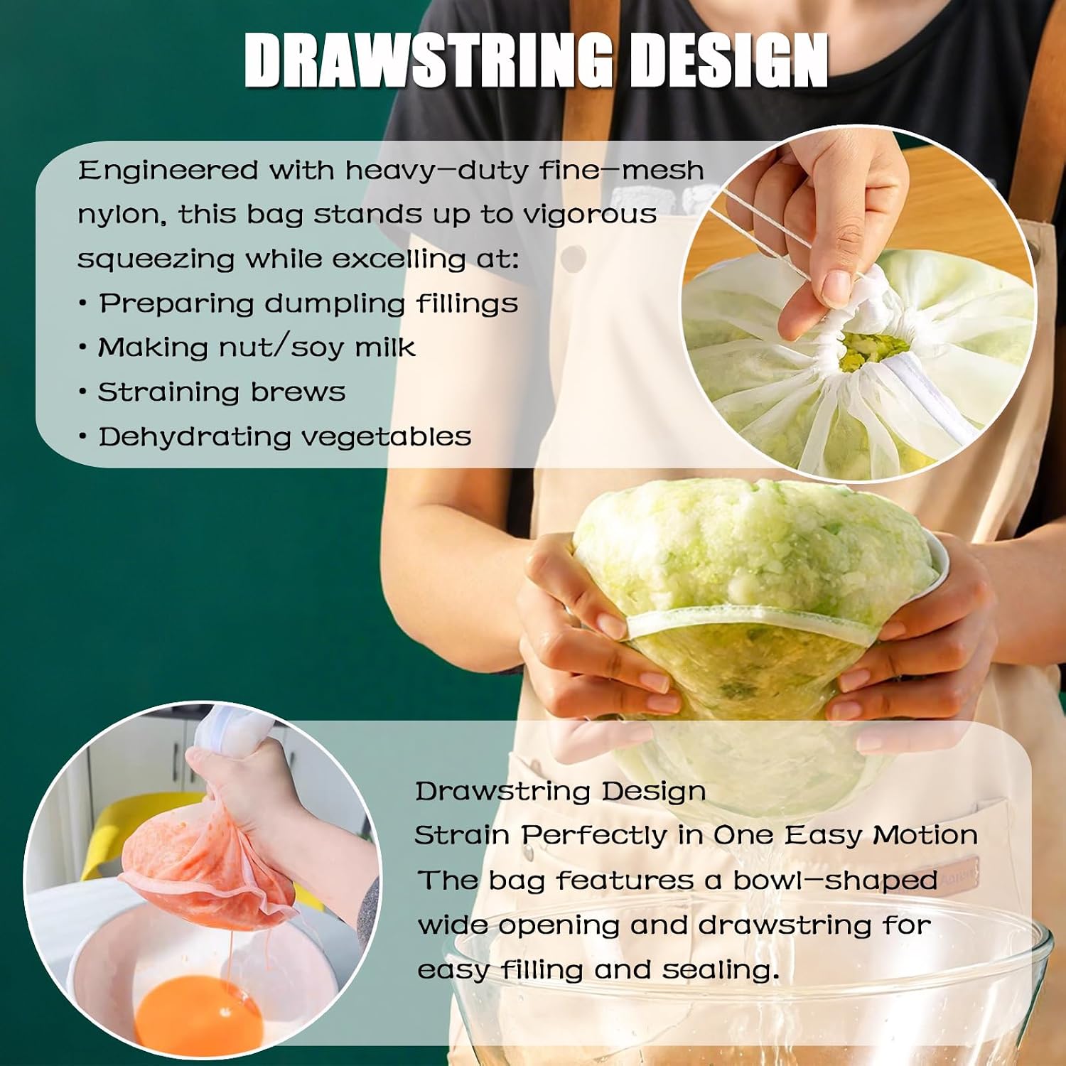 3PCS Cheese Cloths for Straining, Reusable Cheese Cloth for Straining, Cheese Filling Squeeze Bag, Bowl-Shaped Nylon Nut Milk Cloth Filter Bag with Mesh Strainer, for Cooking, Juicing, Cheese Making