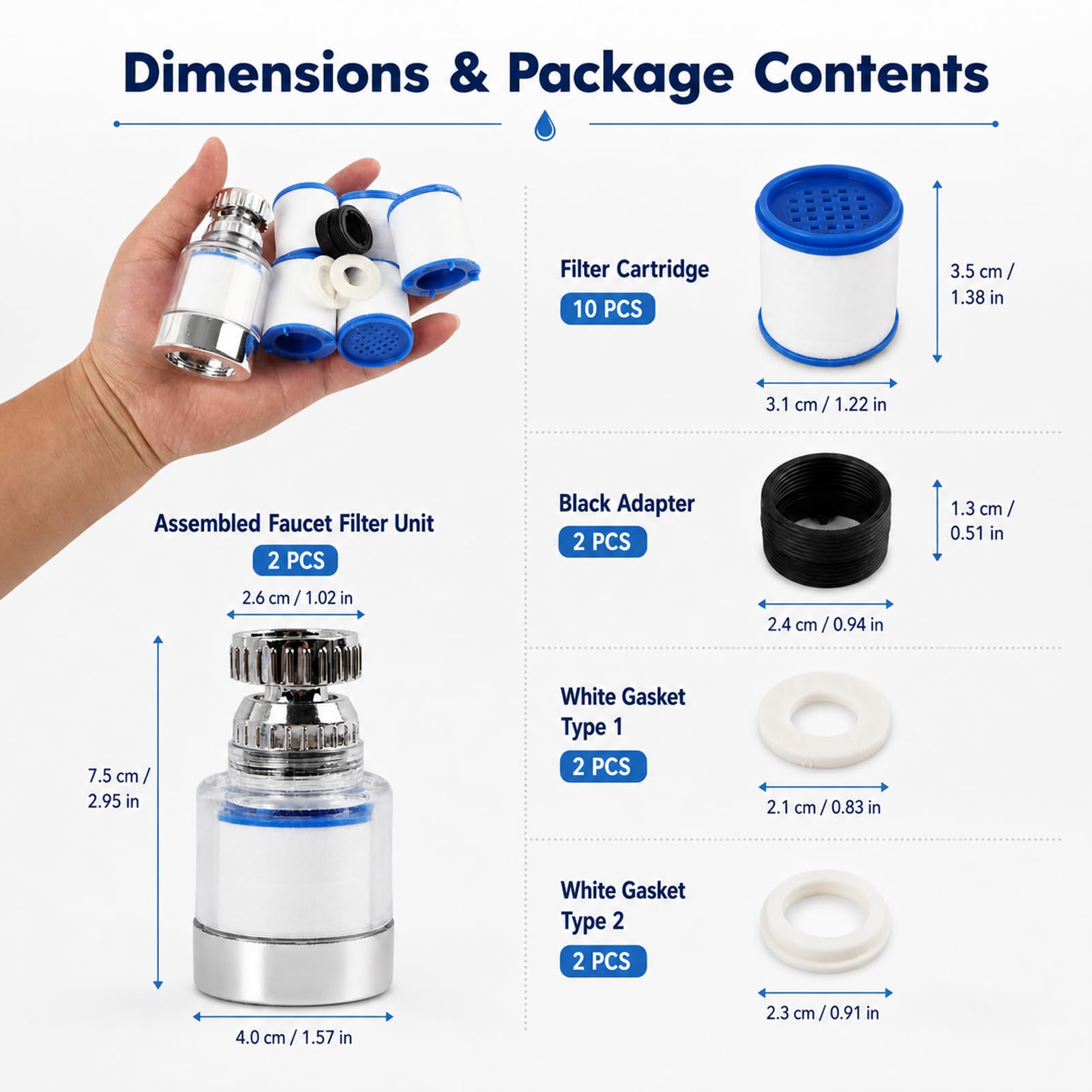 2 Piezas Filtros de Agua Para Grifo, ABS Filtro de Agua Rotativo a 360 Grados, Filtro de Agua para Grifo con Filtración de Carbón Para Metales Pesados, con 10 Cartuchos Filtrantes Intercambiables