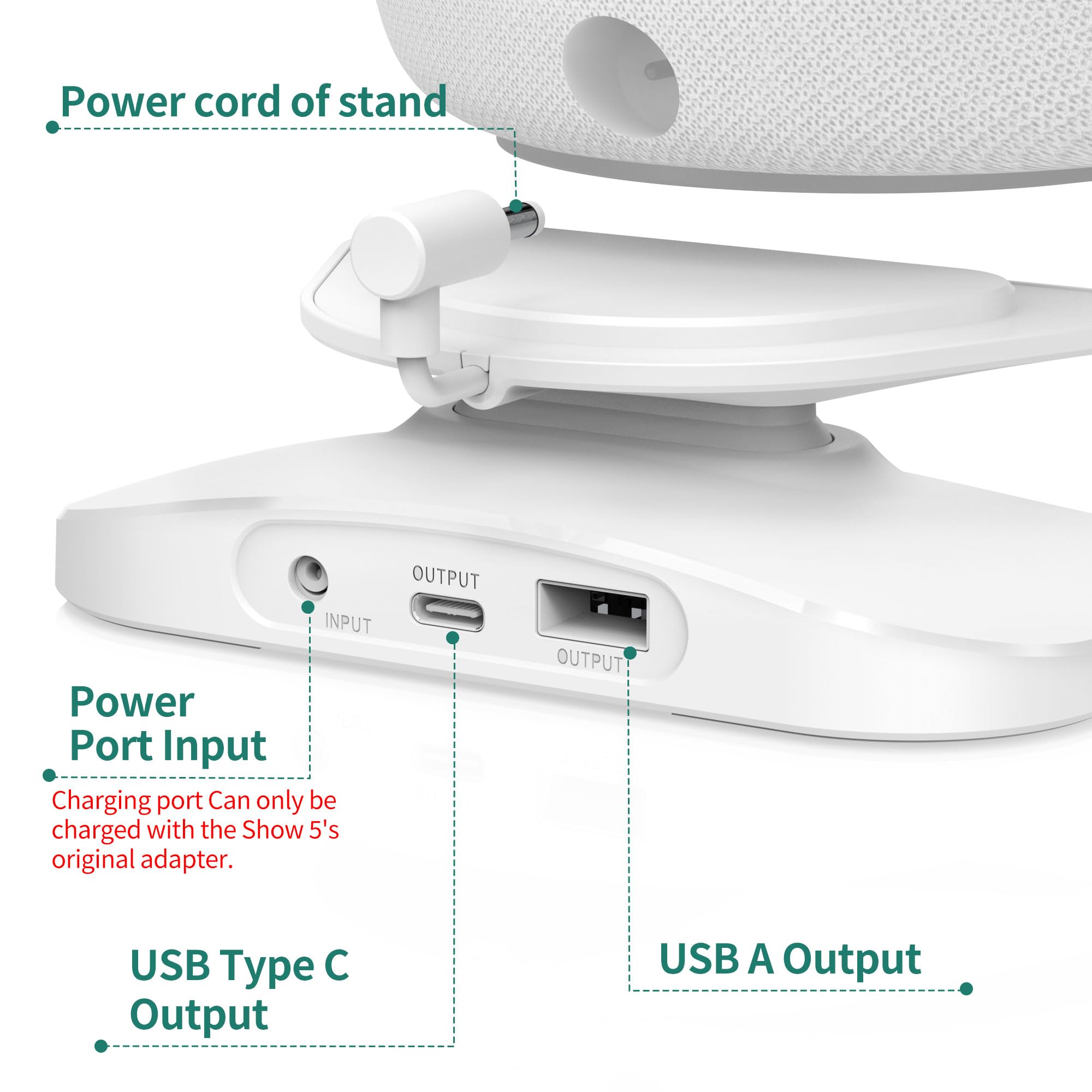 PlusAcc Ständer für Show 5 & Handy mit USB-C/A-Ladeanschluss - Verstellbare Ladeständer Halterung Ladestation Basis kompatibel mit Show 5 3.Gen/iPhone/iPad (Weiß)