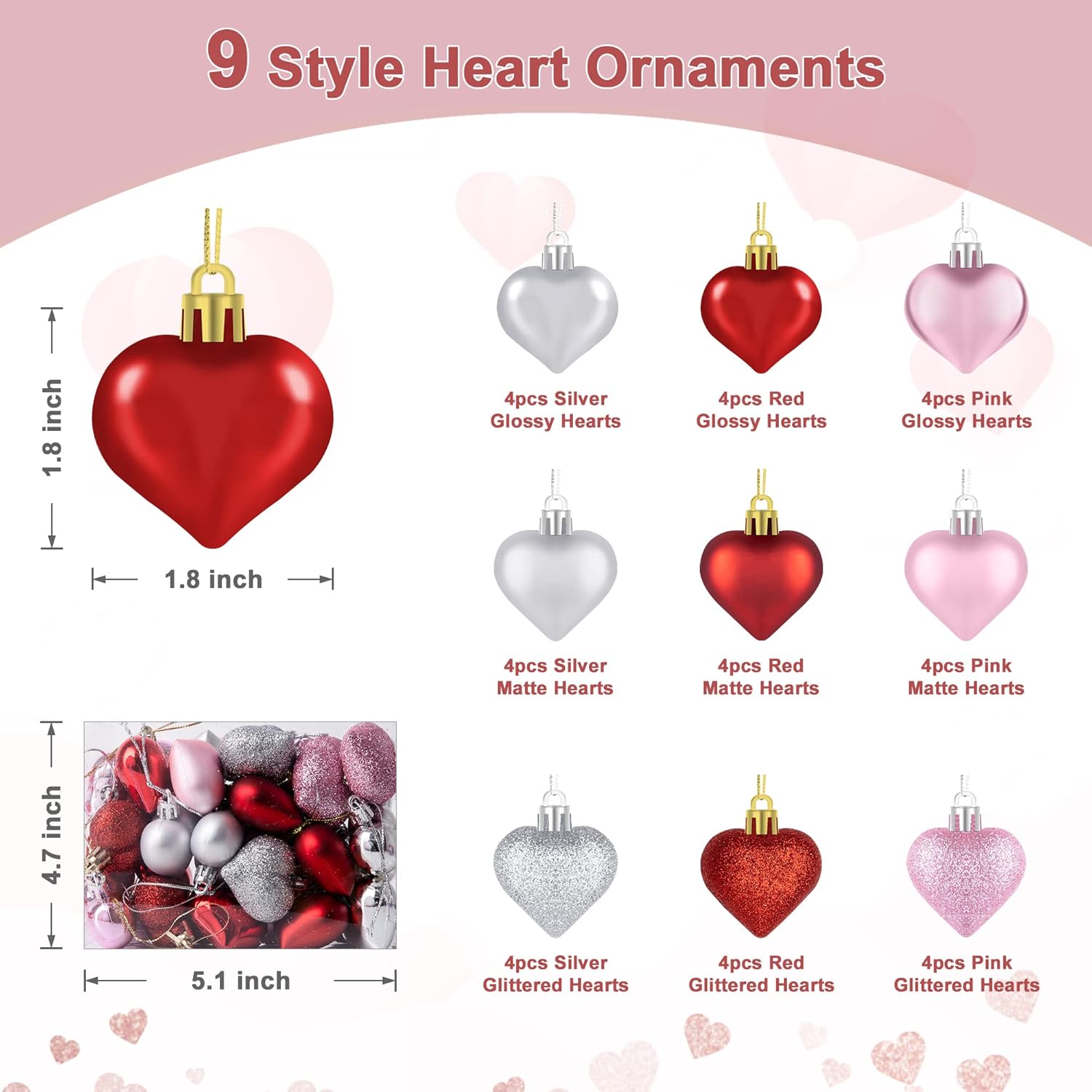 Valentines Day Decorations, 11 x 19.7 Inches Valentine's Day Tree Topper Pink Bow with 36 Pcs Heart Ornaments, Glitter Colorful Heart Hanging Baubles Wreath Bow for Wedding Anniversary Lover