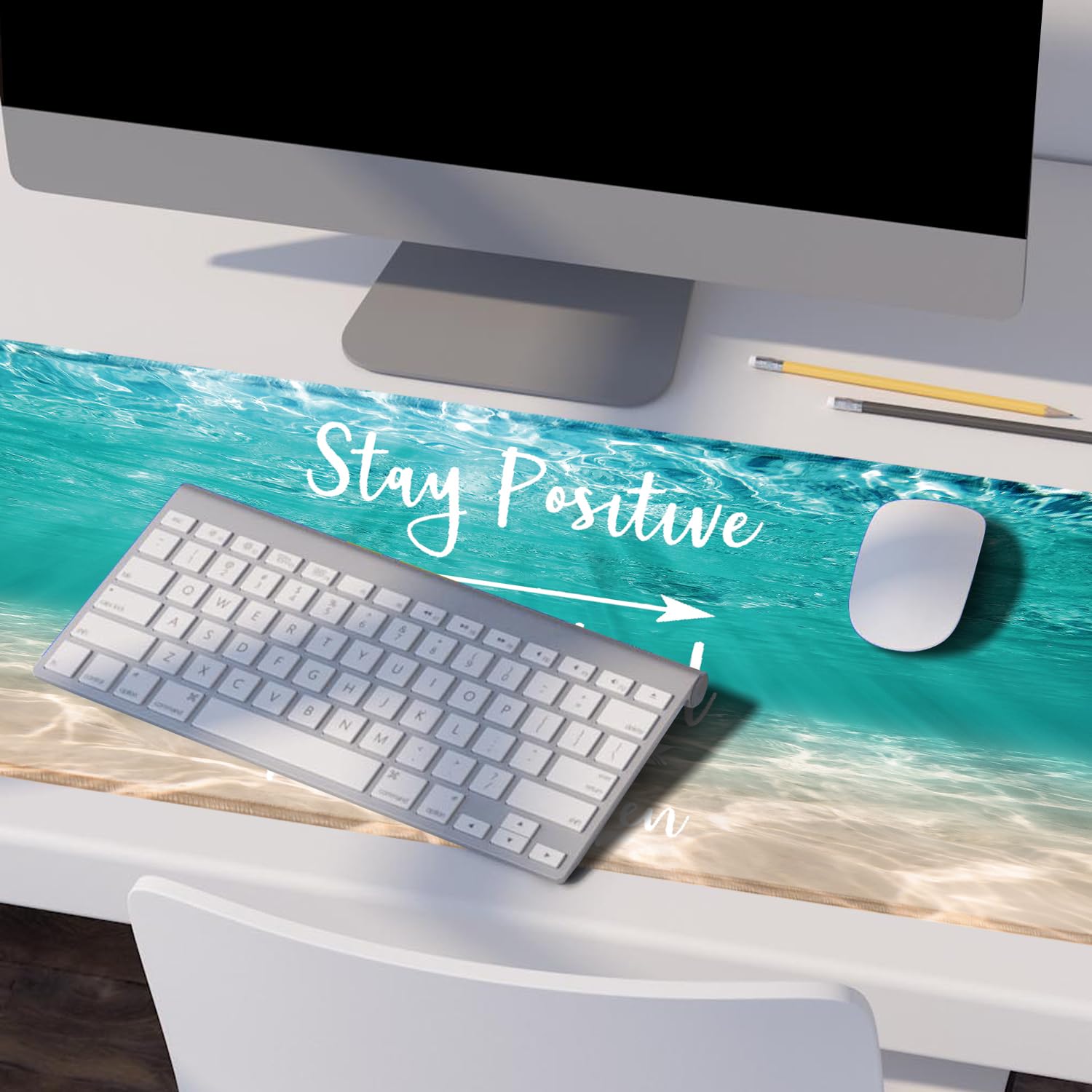 Alfombrilla de mouse extendida con bordes cosidos para computadora y teclado, 31.5 x 11.8 pulgadas, alfombrilla de mouse de escritorio – Stay Positive Work Hard Pink Glitter