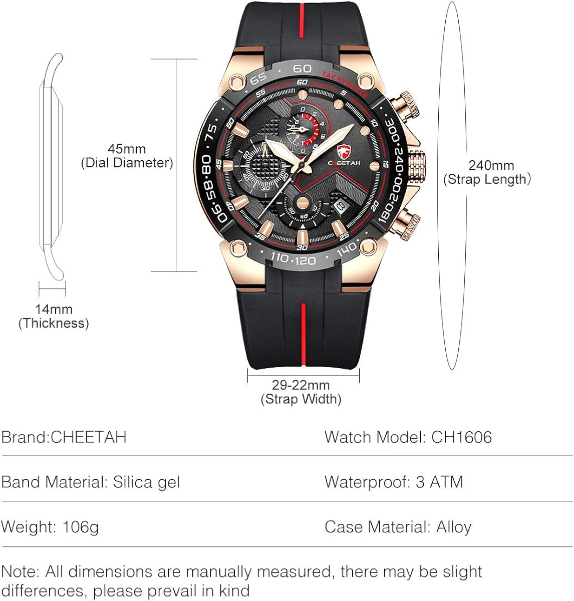 Affute Mens Watches Sports Waterproof Chronograph Watch with Silicone Strap, Date, Luminous Quartz Wristwatch (Rose Gold Black) - Image 4