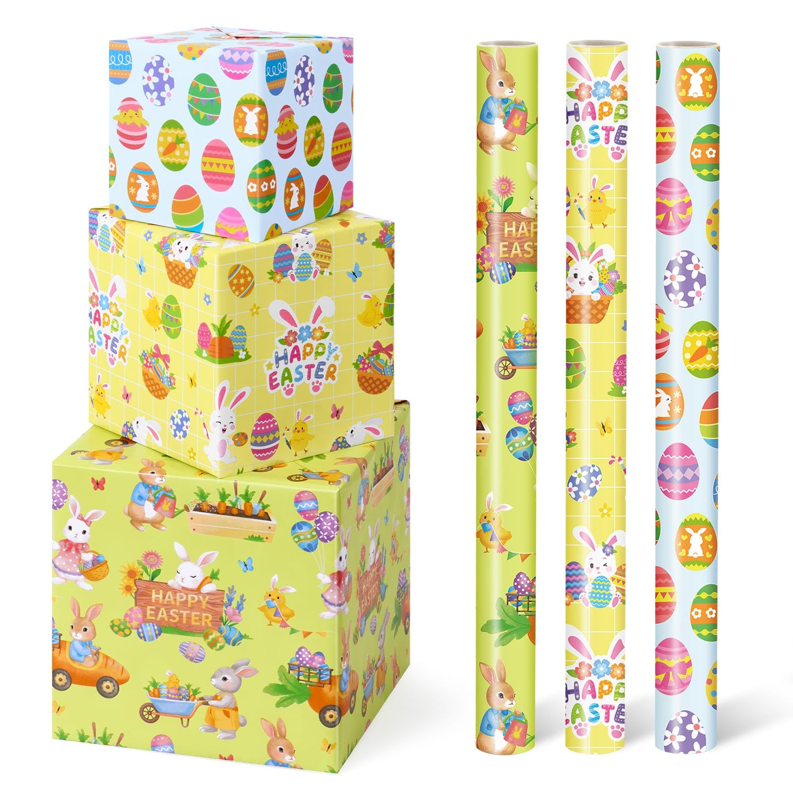 WERNNSAI Easter Wrapping Paper Roll - 3 Rolls 17” x 120” Easter Bunny Wrapping Paper for Kids Green Egg Gift Wrap for Spring Birthday Baby Shower Party Decor Cute Wrapper Eggs Bunny Carrots Design — image 1